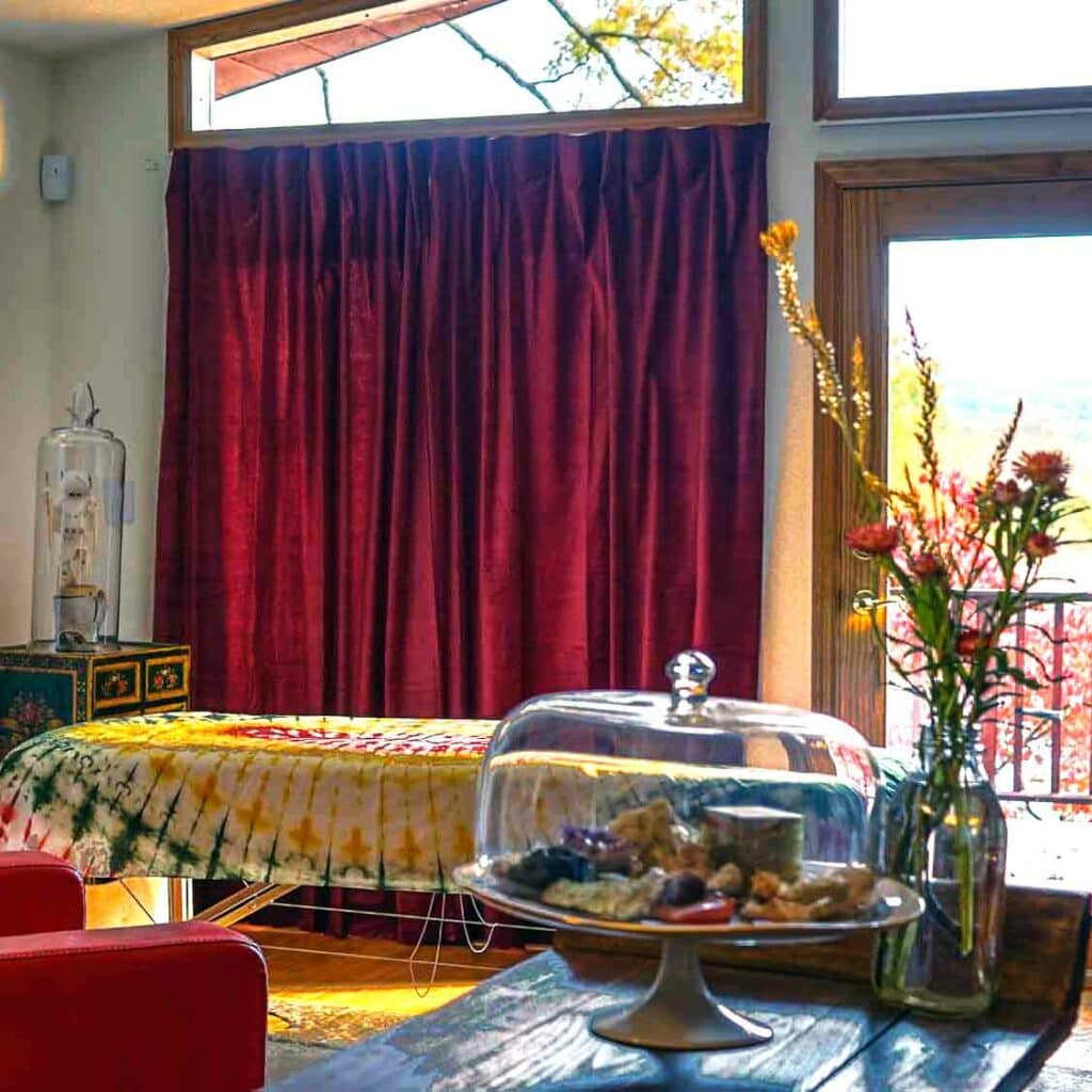 The inside of an acupuncture treatment room: the intake desk is in the foreground, with a vase of fresh flowers on it, and the treatment area is behind, surrounded by red silk curtains and a view of the wetlands outside.