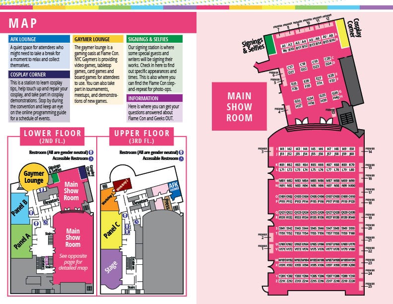 The map from the Flame Con 2018 program, including a detailed diagram of the exhibit hall and the locations of the panel rooms.