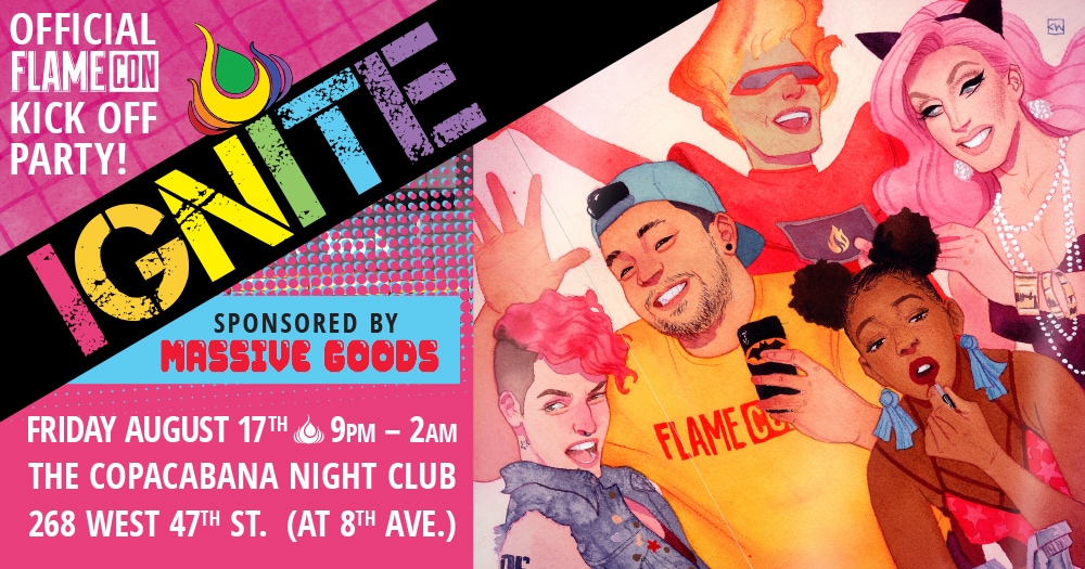 Flyer for the Flame Con Kickoff Party, Ignite, featuring an illustatation of the billed performers.