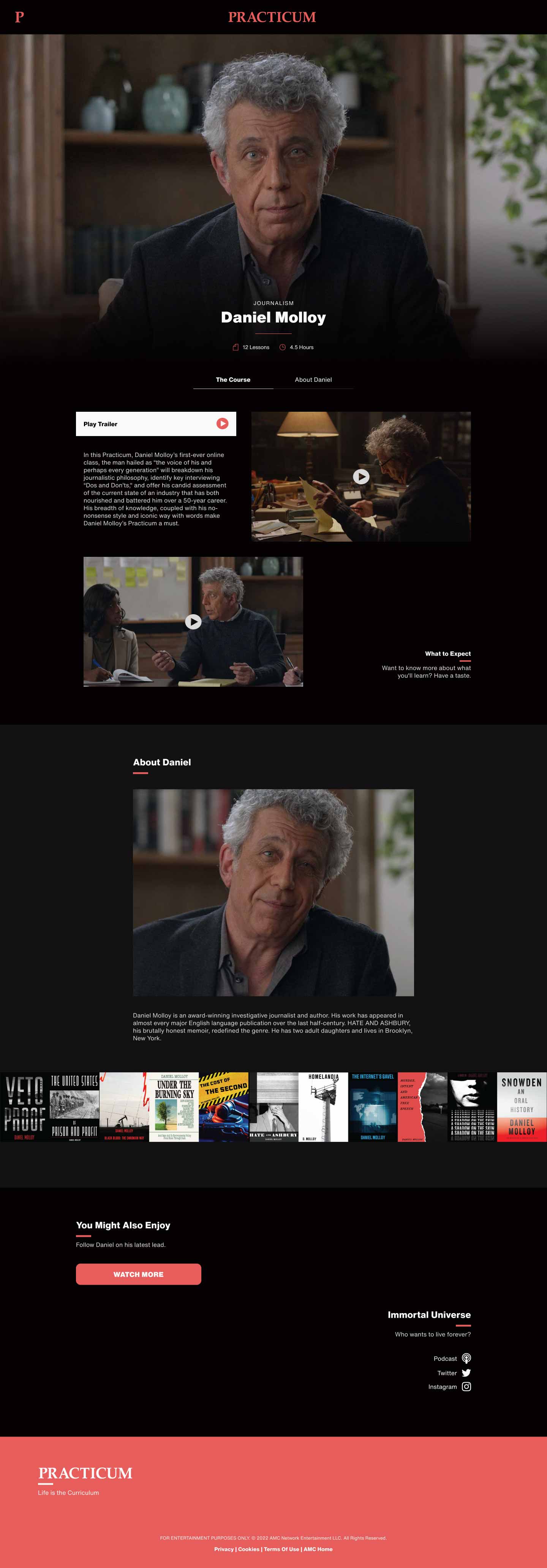 A complete page-length image of the desktop design for an in-world website for AMC's series Interview with a Vampire. It is a journalism course on a site called Practicum conducted by the character of Daniel Molloy, portrayed by Eric Bogosian. It features a hero image of Daniel, an outline of the course, a trailer, biographical details, and the fictional covers of the books the character has written.