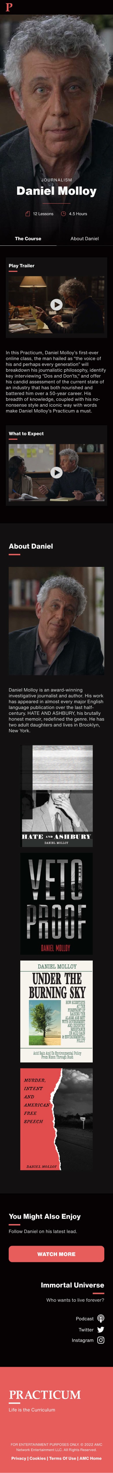A complete page-length image of the mobile design for an in-world website for AMC's series Interview with a Vampire. It is a journalism course on a site called Practicum conducted by the character of Daniel Molloy, portrayed by Eric Bogosian. It features a hero image of Daniel, an outline of the course, a trailer, biographical details, and the fictional covers of the books the character has written.