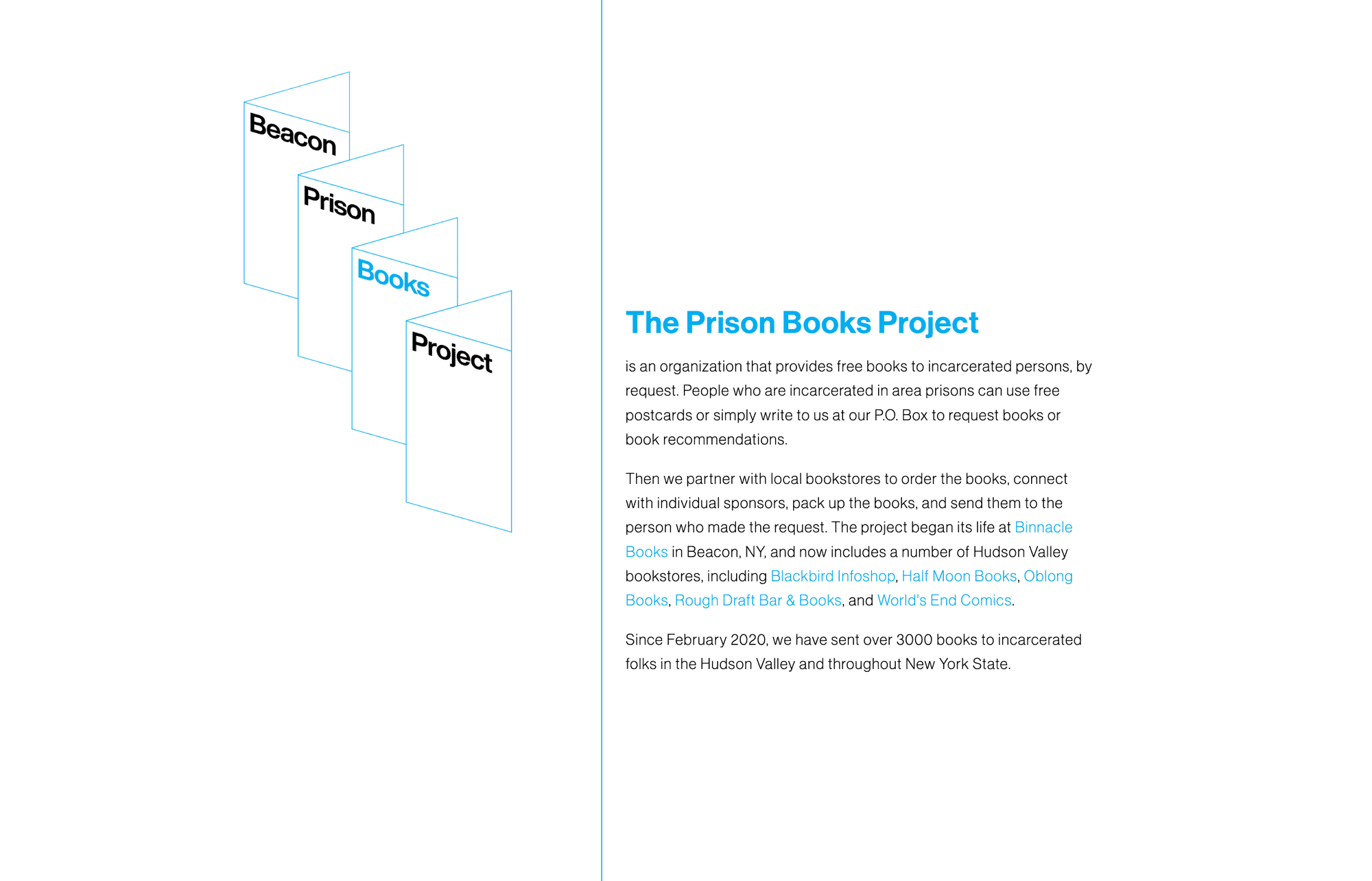 The landing page for the Beacon Prison Books Project, which includes the logo and a simple mission statement: 