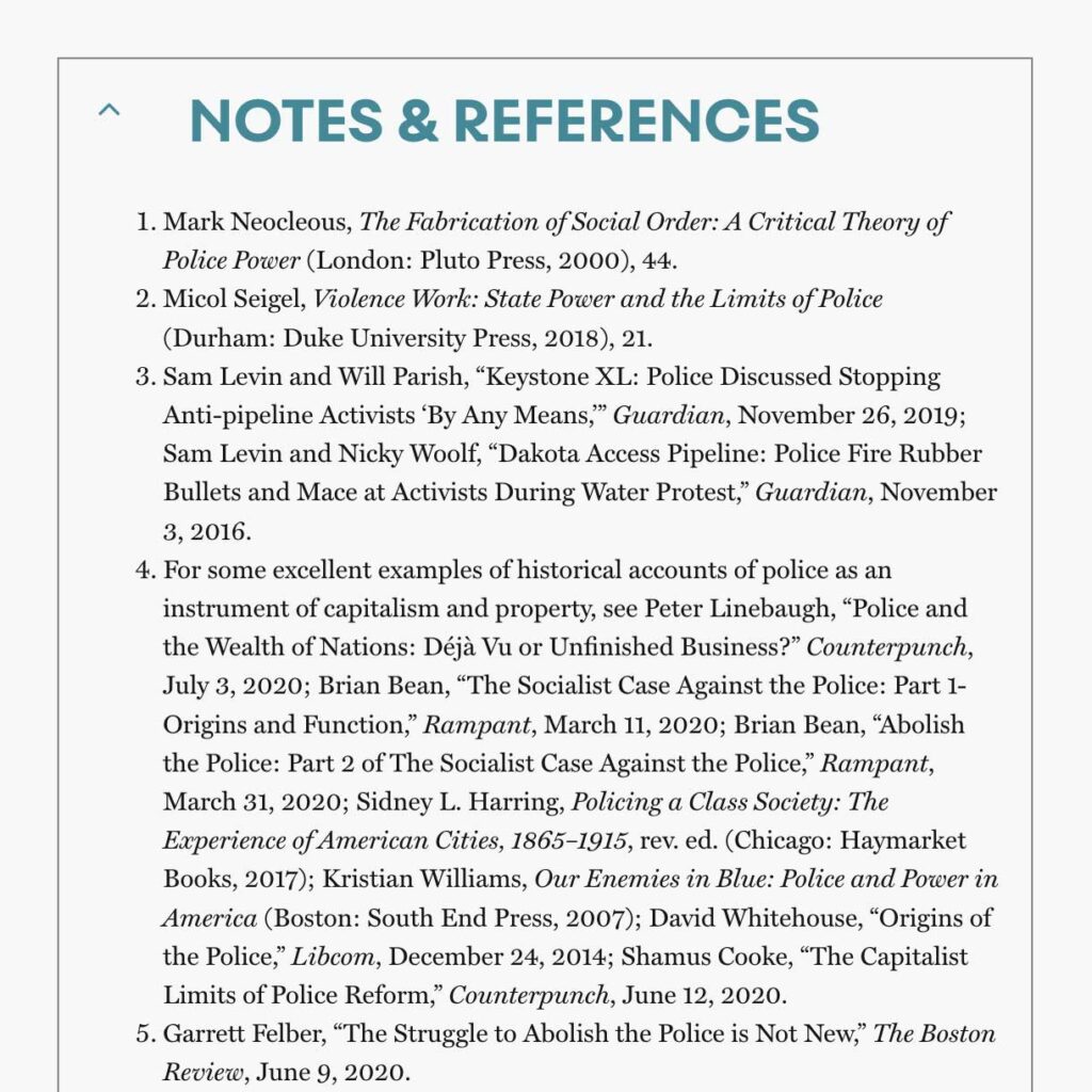 An excerpt from the Notes & References section of a Spectre article, showing the endnotes as they appear in the list at the end of the article (in addition to appearing in-line with the text),