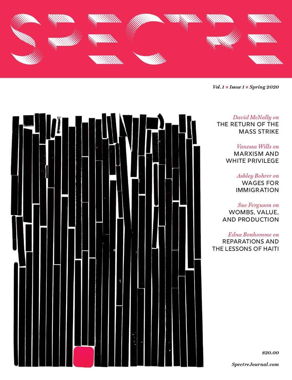 The cover of Spectre's first issue, featuring art by Aaron Gemmill: An abstract visual with vertical black bars in slightly irregular shapes, and one single magenta-red square in the bottom right center.