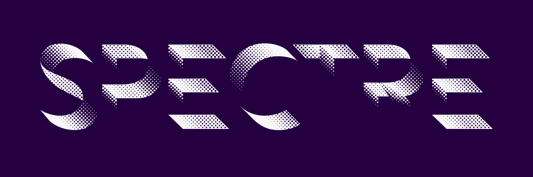 The Spectre logo, off-white on a deep purple background. The letterforms appear as if three dimensional, viewed from slightly below and to the right, and are rendered in a halftone-dot pattern to suggest shading, with some letters fading off into the background.