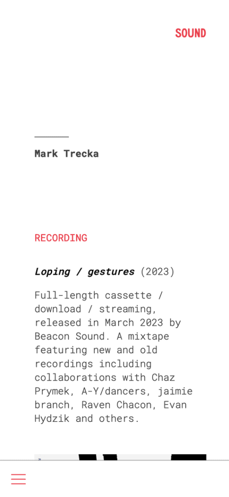 The mobile design for Mark Trecka's site with the menu collapsed.